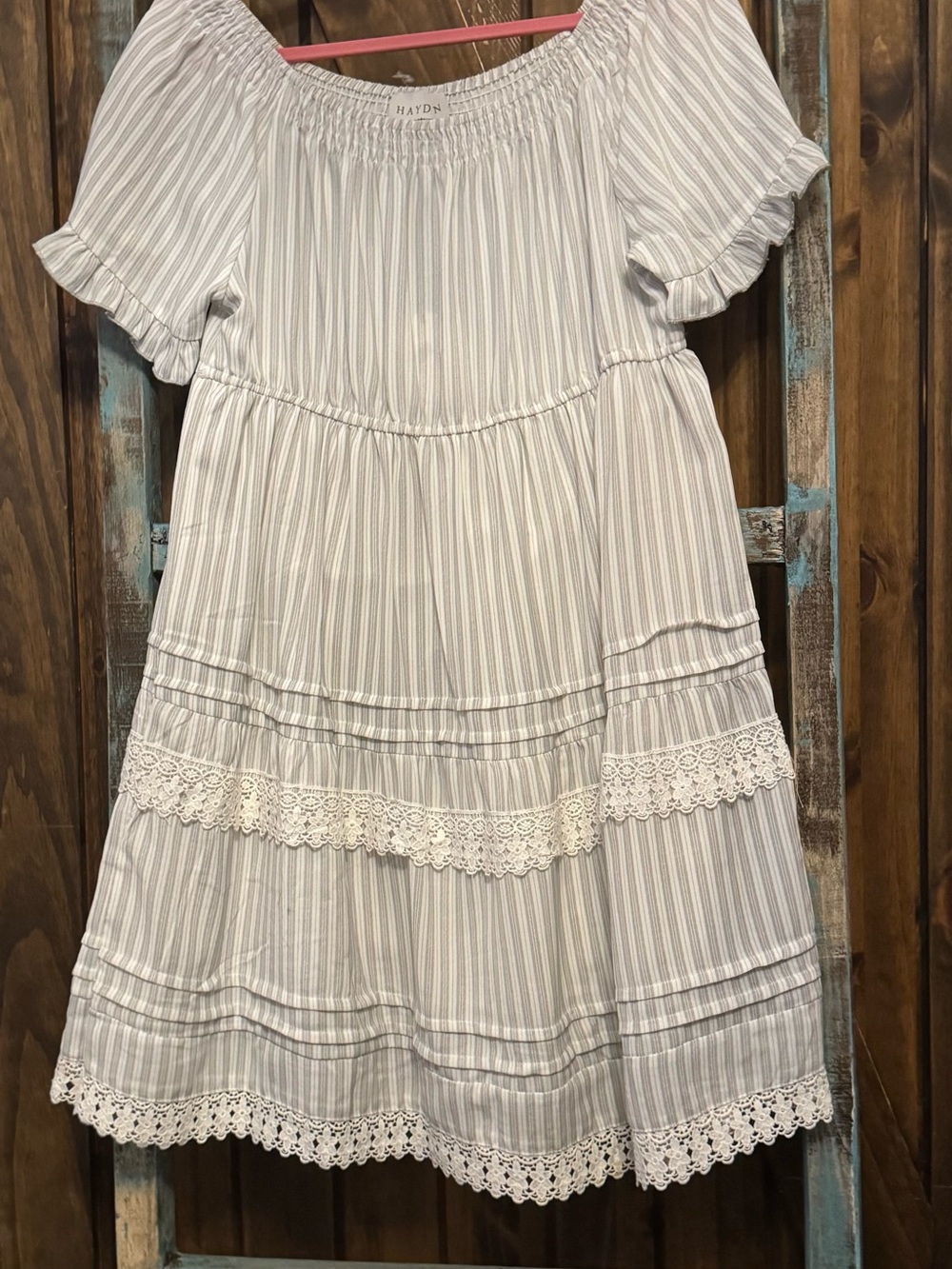 Boutique Striped Dress with Lace Trim
